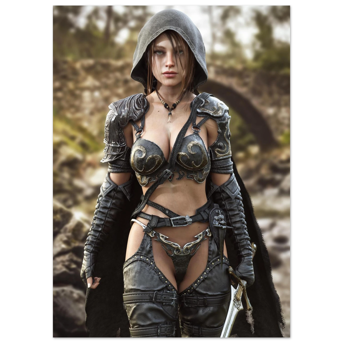 A handcrafted fantasy illustration featuring a determined female ranger walking through a rocky forest stream beneath a weathered stone bridge. She wears a hooded black cloak over intricately engraved silver armor with medieval-inspired detailing and carries an elegant sword at her side. Soft natural light illuminates her realistic facial features while the woodland landscape and flowing stream create an immersive atmosphere of exploration and adventure. Inspired by classic fantasy novels, tabletop role-pla