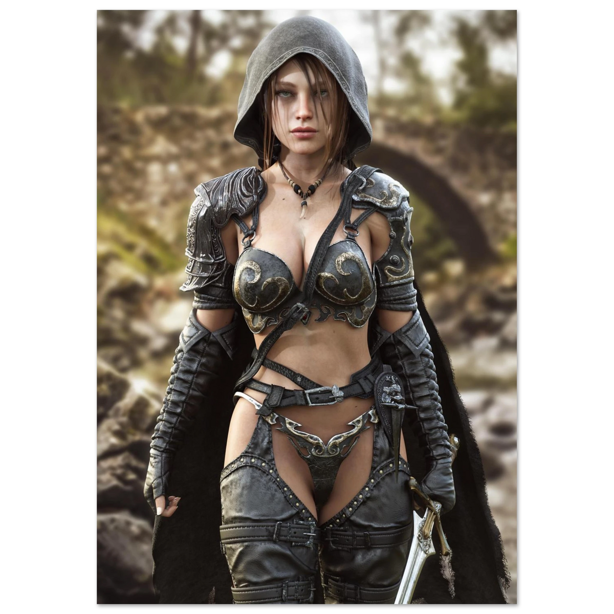 A handcrafted fantasy illustration featuring a determined female ranger walking through a rocky forest stream beneath a weathered stone bridge. She wears a hooded black cloak over intricately engraved silver armor with medieval-inspired detailing and carries an elegant sword at her side. Soft natural light illuminates her realistic facial features while the woodland landscape and flowing stream create an immersive atmosphere of exploration and adventure. Inspired by classic fantasy novels, tabletop role-pla