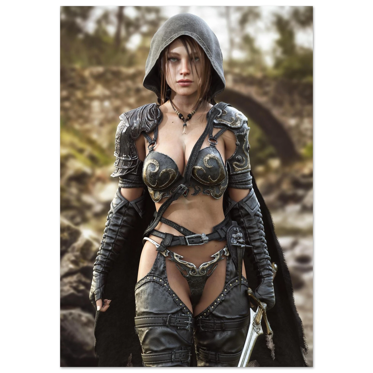 A handcrafted fantasy illustration featuring a determined female ranger walking through a rocky forest stream beneath a weathered stone bridge. She wears a hooded black cloak over intricately engraved silver armor with medieval-inspired detailing and carries an elegant sword at her side. Soft natural light illuminates her realistic facial features while the woodland landscape and flowing stream create an immersive atmosphere of exploration and adventure. Inspired by classic fantasy novels, tabletop role-pla