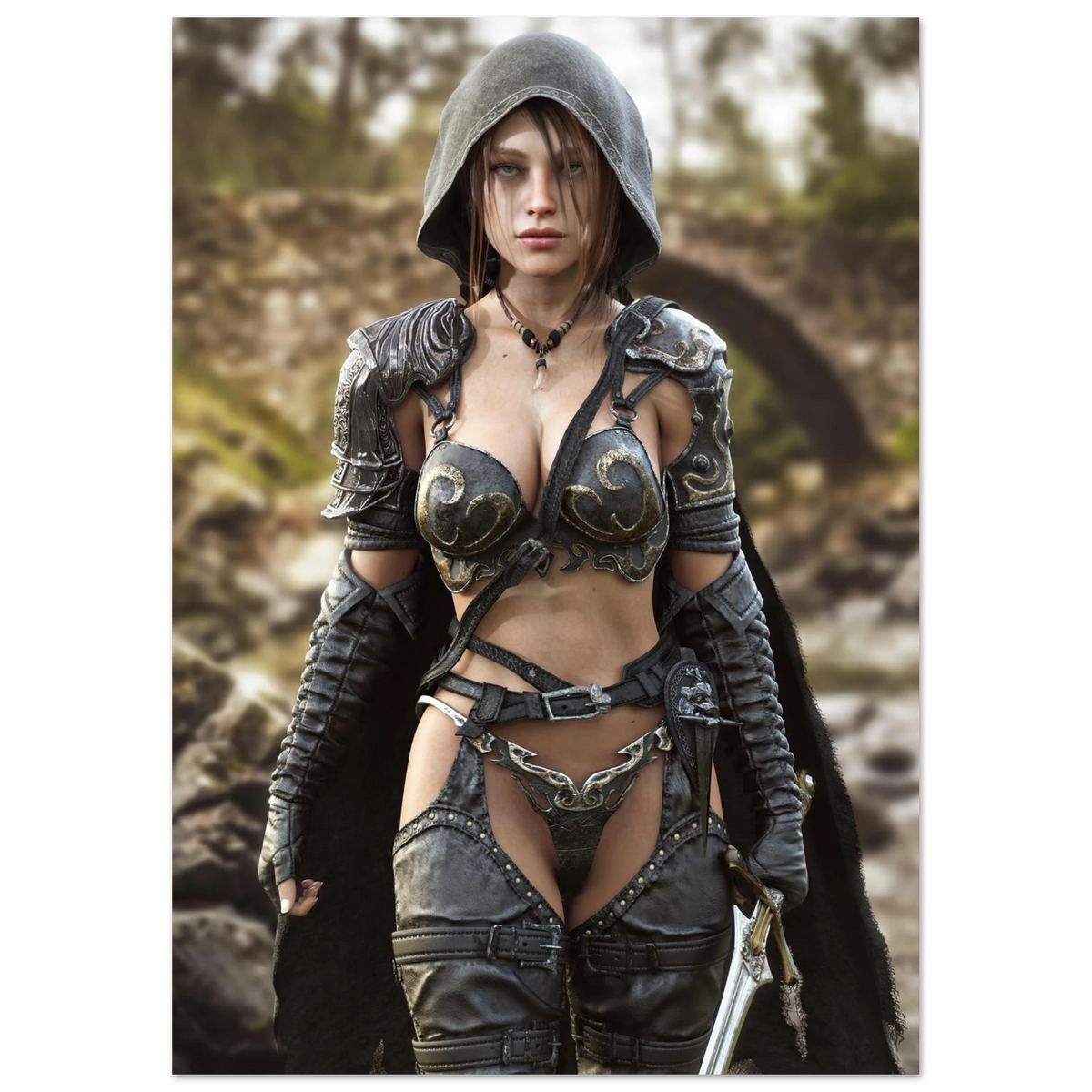 A handcrafted fantasy illustration featuring a determined female ranger walking through a rocky forest stream beneath a weathered stone bridge. She wears a hooded black cloak over intricately engraved silver armor with medieval-inspired detailing and carries an elegant sword at her side. Soft natural light illuminates her realistic facial features while the woodland landscape and flowing stream create an immersive atmosphere of exploration and adventure. Inspired by classic fantasy novels, tabletop role-pla