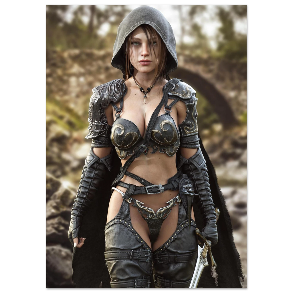 A handcrafted fantasy illustration featuring a determined female ranger walking through a rocky forest stream beneath a weathered stone bridge. She wears a hooded black cloak over intricately engraved silver armor with medieval-inspired detailing and carries an elegant sword at her side. Soft natural light illuminates her realistic facial features while the woodland landscape and flowing stream create an immersive atmosphere of exploration and adventure. Inspired by classic fantasy novels, tabletop role-pla