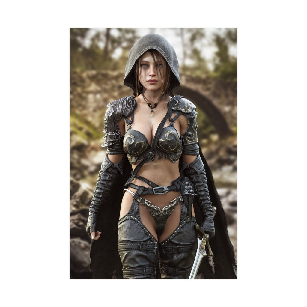 A hand-crafted fantasy illustration of a hooded female ranger wearing ornate medieval armor while standing beside a mountain river. Detailed leather gear, engraved metal armor, realistic lighting, and a cinematic wilderness backdrop create an immersive fantasy scene filled with adventure, courage, and timeless heroic storytelling.