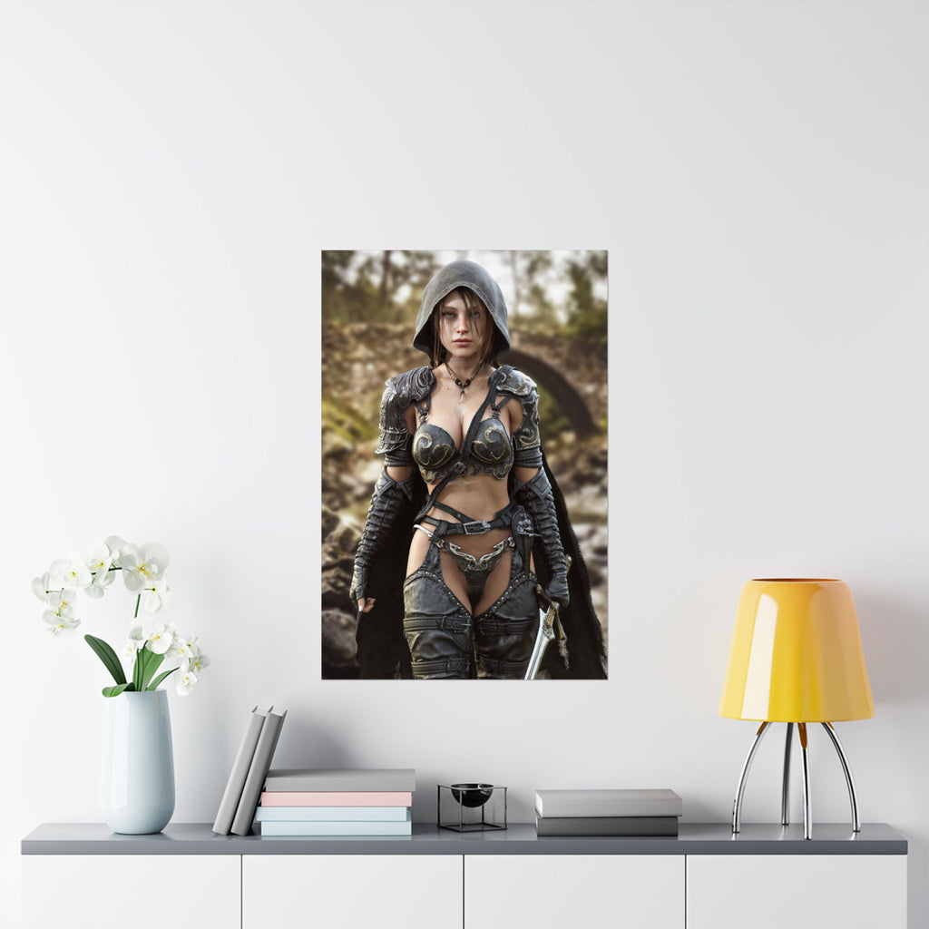 A hand-crafted fantasy illustration of a hooded female ranger wearing ornate medieval armor while standing beside a mountain river. Detailed leather gear, engraved metal armor, realistic lighting, and a cinematic wilderness backdrop create an immersive fantasy scene filled with adventure, courage, and timeless heroic storytelling.