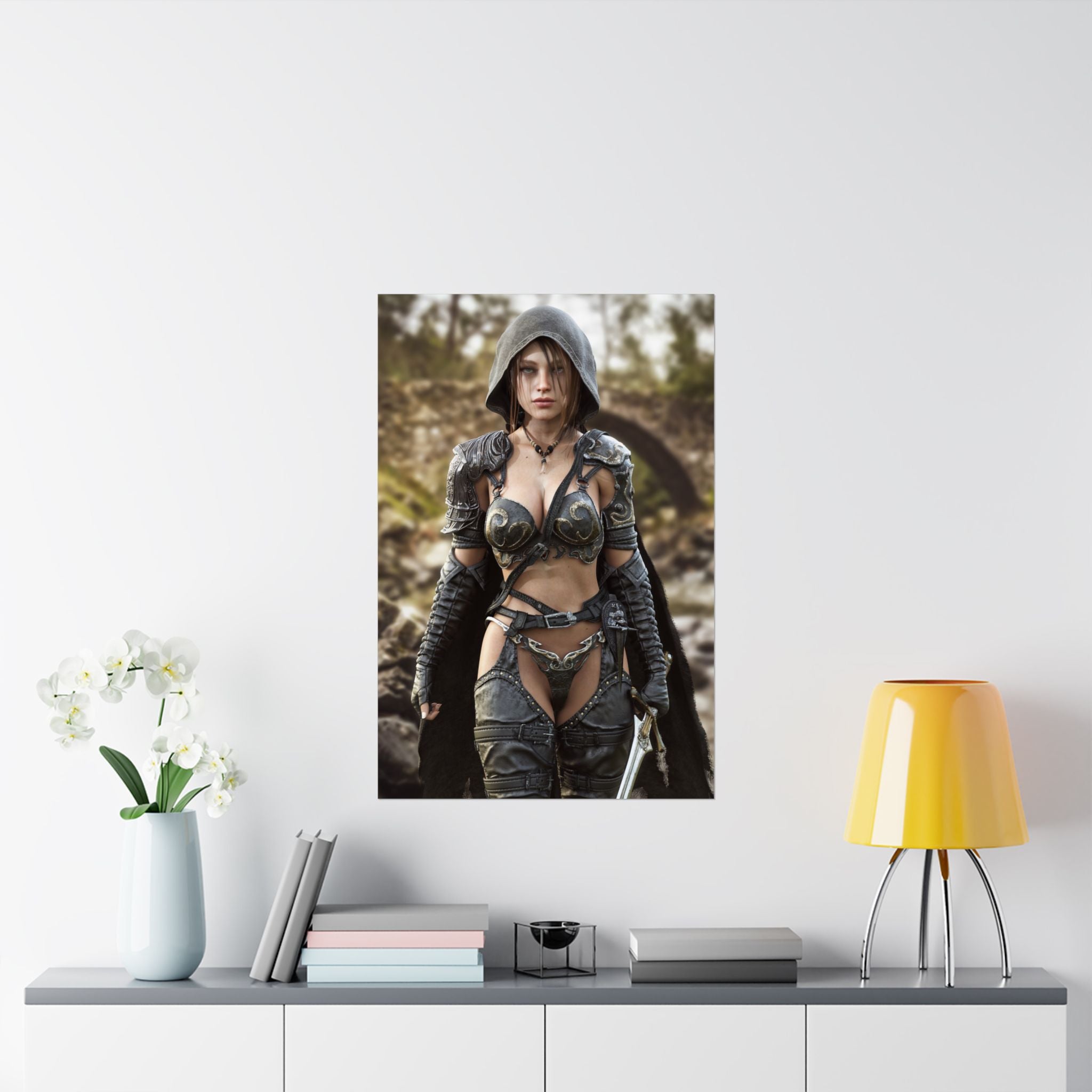 A hand-crafted fantasy illustration of a hooded female ranger wearing ornate medieval armor while standing beside a mountain river. Detailed leather gear, engraved metal armor, realistic lighting, and a cinematic wilderness backdrop create an immersive fantasy scene filled with adventure, courage, and timeless heroic storytelling.