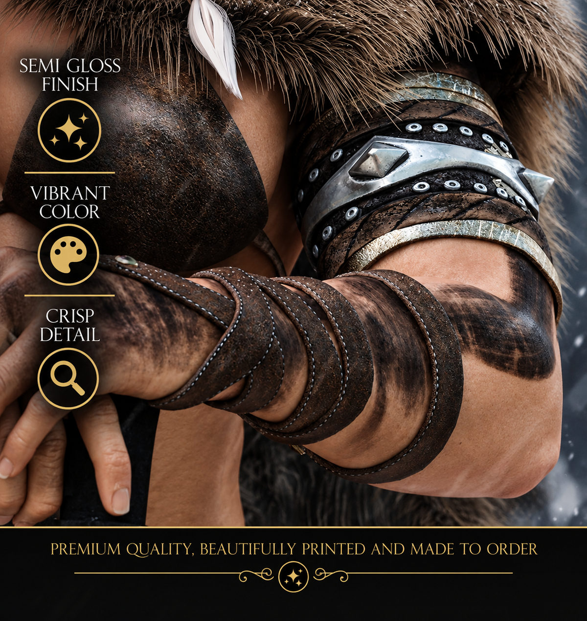 Close-up of Viking shield maiden leather wraps, metal arm armor, fur clothing and war paint, showing the crisp detail and texture of the fantasy poster artwork.