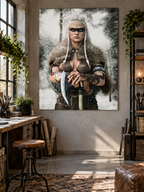 Viking shield maiden fantasy wall art displayed as a large poster, featuring a white-haired female warrior with fur armor, war paint, shield and axe.