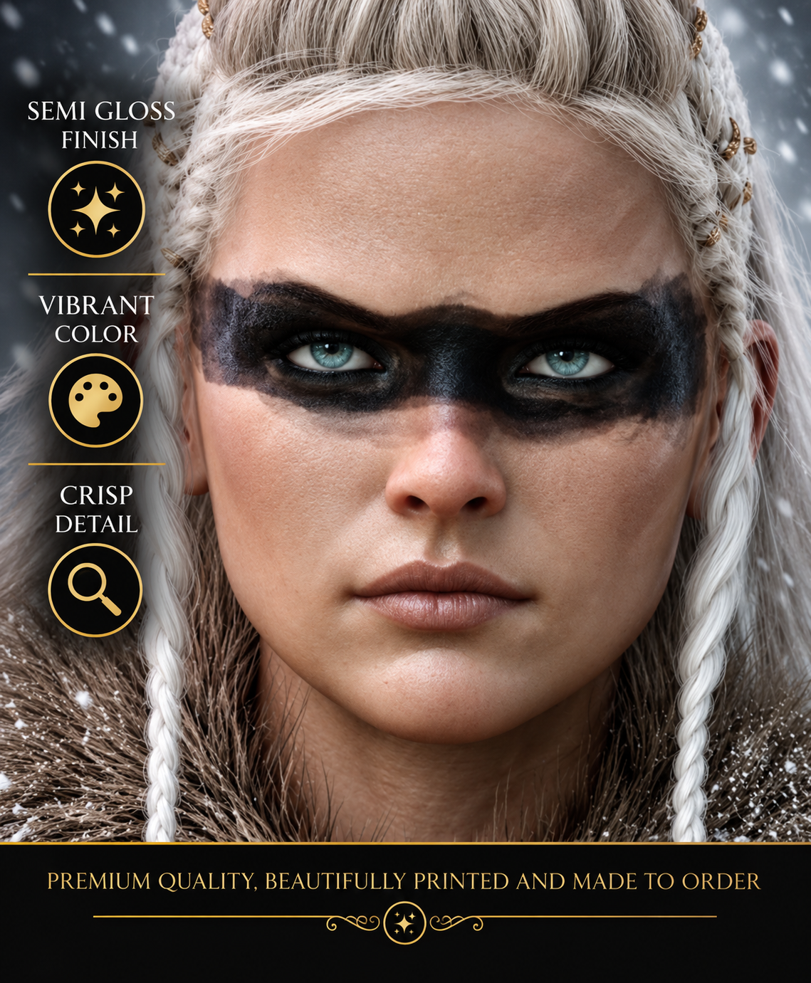 Close-up of a white-haired Viking shield maiden with blue eyes, black war paint and fur armor, highlighting vibrant color and crisp poster detail.