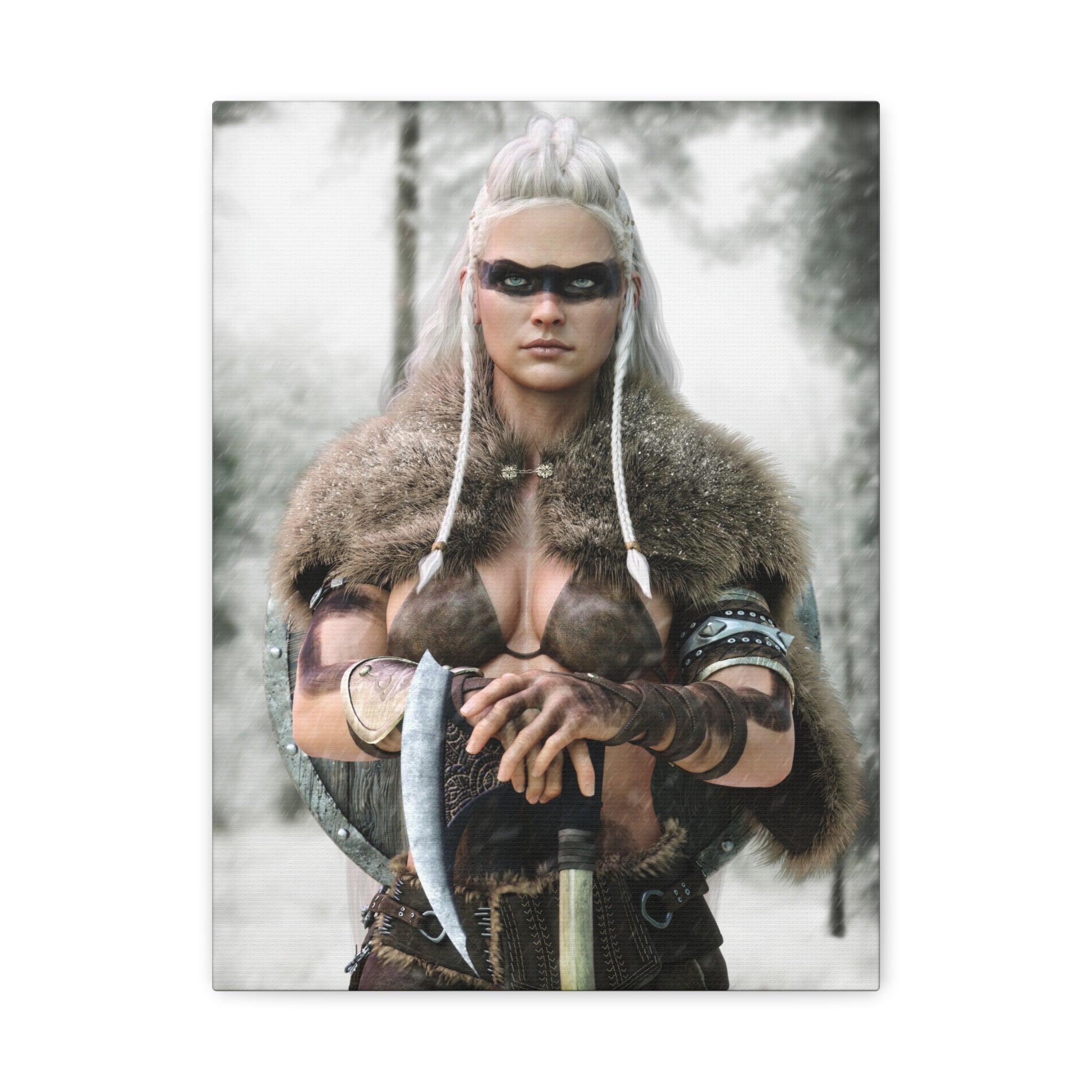 Fantasy Viking wall art featuring a fierce female shieldmaiden with white braided hair, black war paint, fur cloak, axe, and shield in a snowy forest.