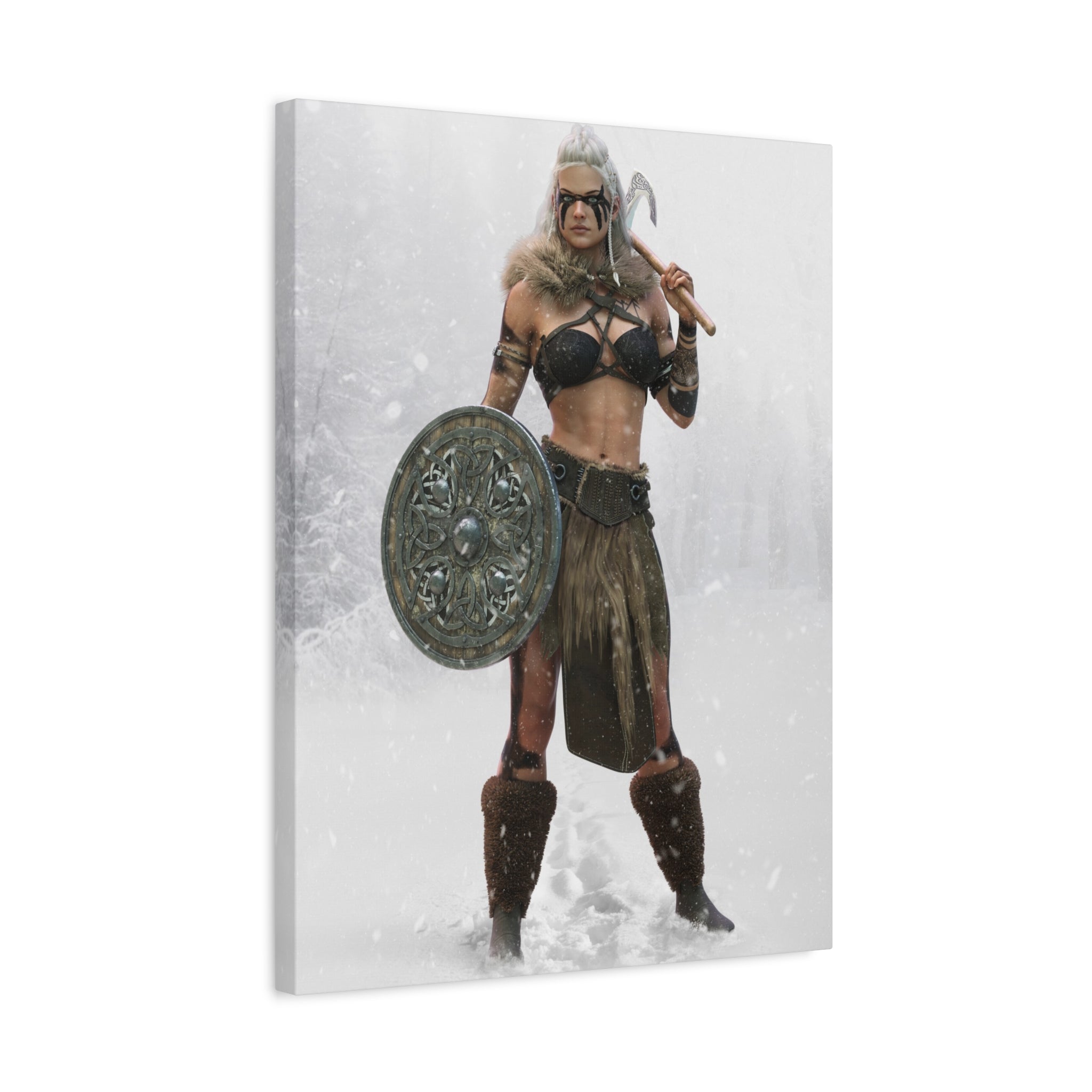 Fantasy Viking shield maiden with white hair, tribal war paint, ornate shield, and battle axe standing in a snowy wilderness amid falling snow.