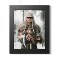 Fantasy Viking wall art featuring a fierce female shieldmaiden with white braided hair, black war paint, fur cloak, axe, and shield in a snowy forest.