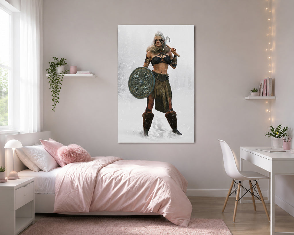 Fantasy Viking shield maiden with white hair, tribal war paint, ornate shield, and battle axe standing in a snowy wilderness amid falling snow.
