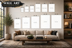 Wall art relative size guide comparing available poster dimensions from 8 × 12 inches through 30 × 40 inches, including A3, A2 and A1 sizes, shown to scale in a living room for easy visual comparison.