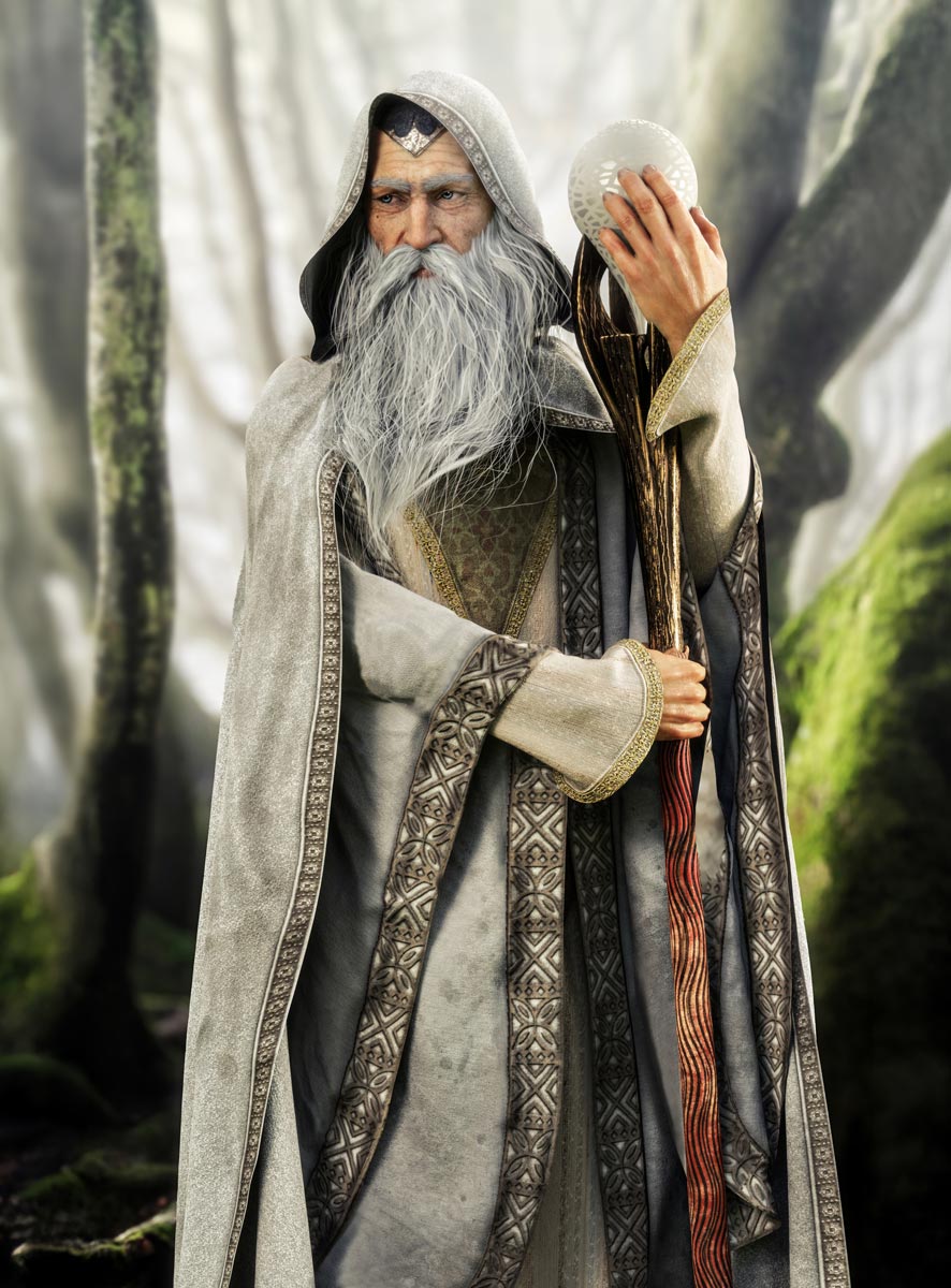 White wizard fantasy portrait with long white beard, ornate robes, mystical staff and glowing orb in an enchanted forest