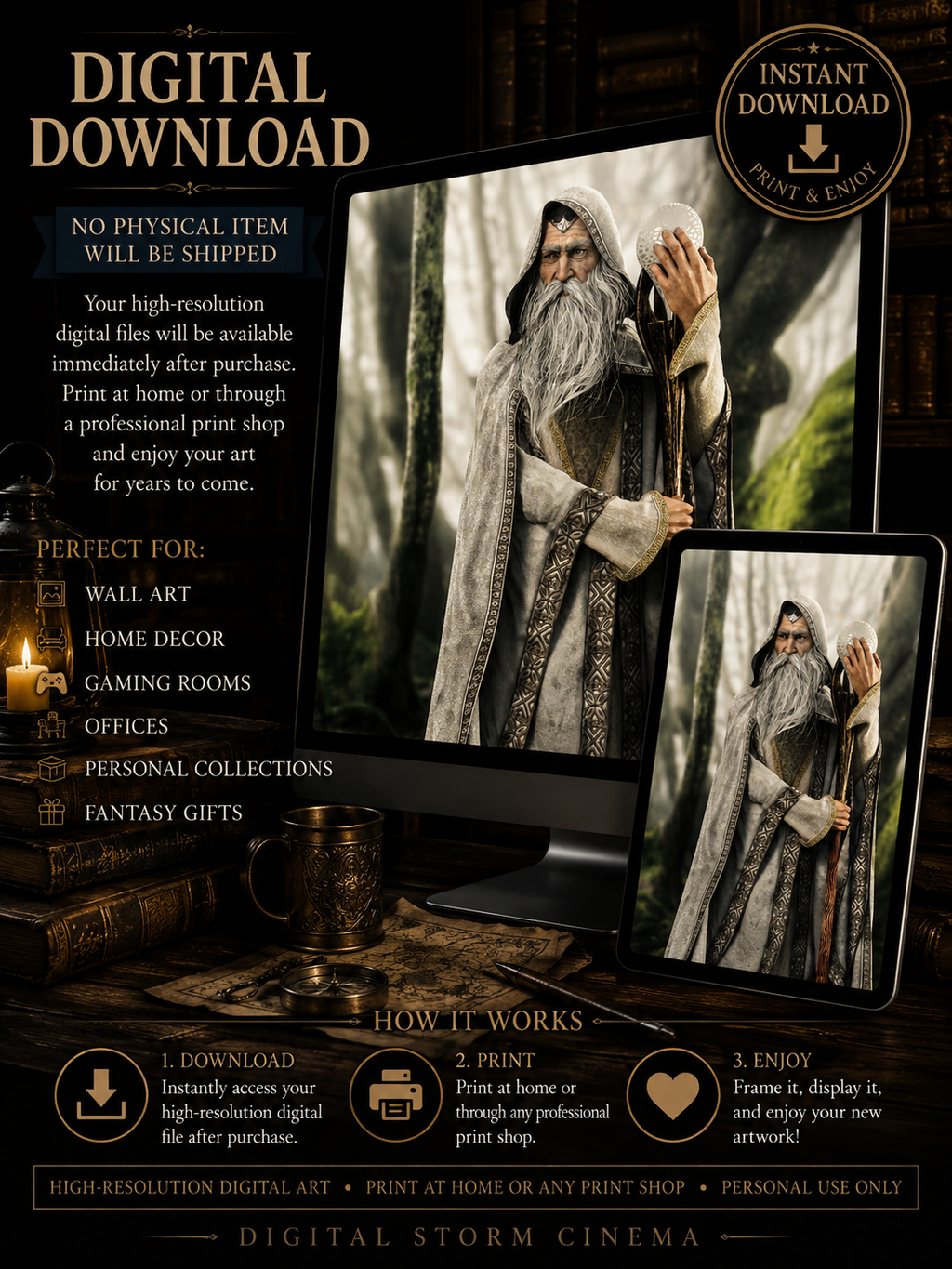 White wizard fantasy digital download displayed on computer and tablet screens for printable fantasy wall decor