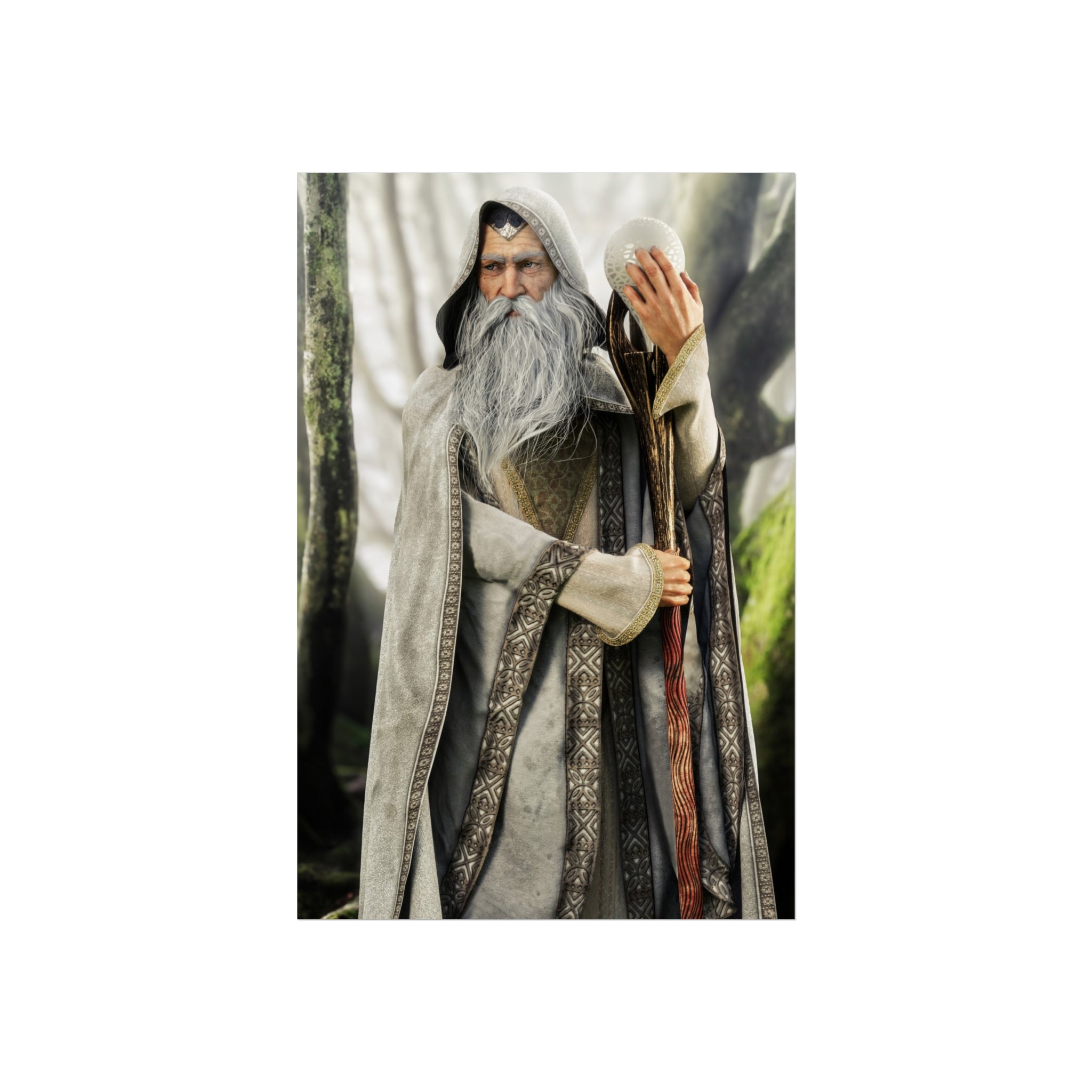 Wise white wizard wall art featuring an ancient mage in ornate robes holding a crystal staff, bringing timeless fantasy, magic, and wonder to any space.