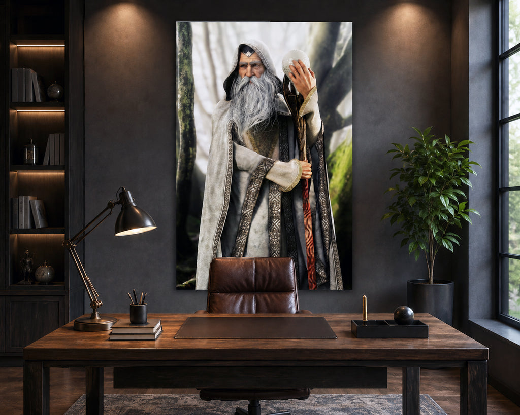 Wise white wizard wall art featuring an ancient mage in ornate robes holding a crystal staff, bringing timeless fantasy, magic, and wonder to any space.