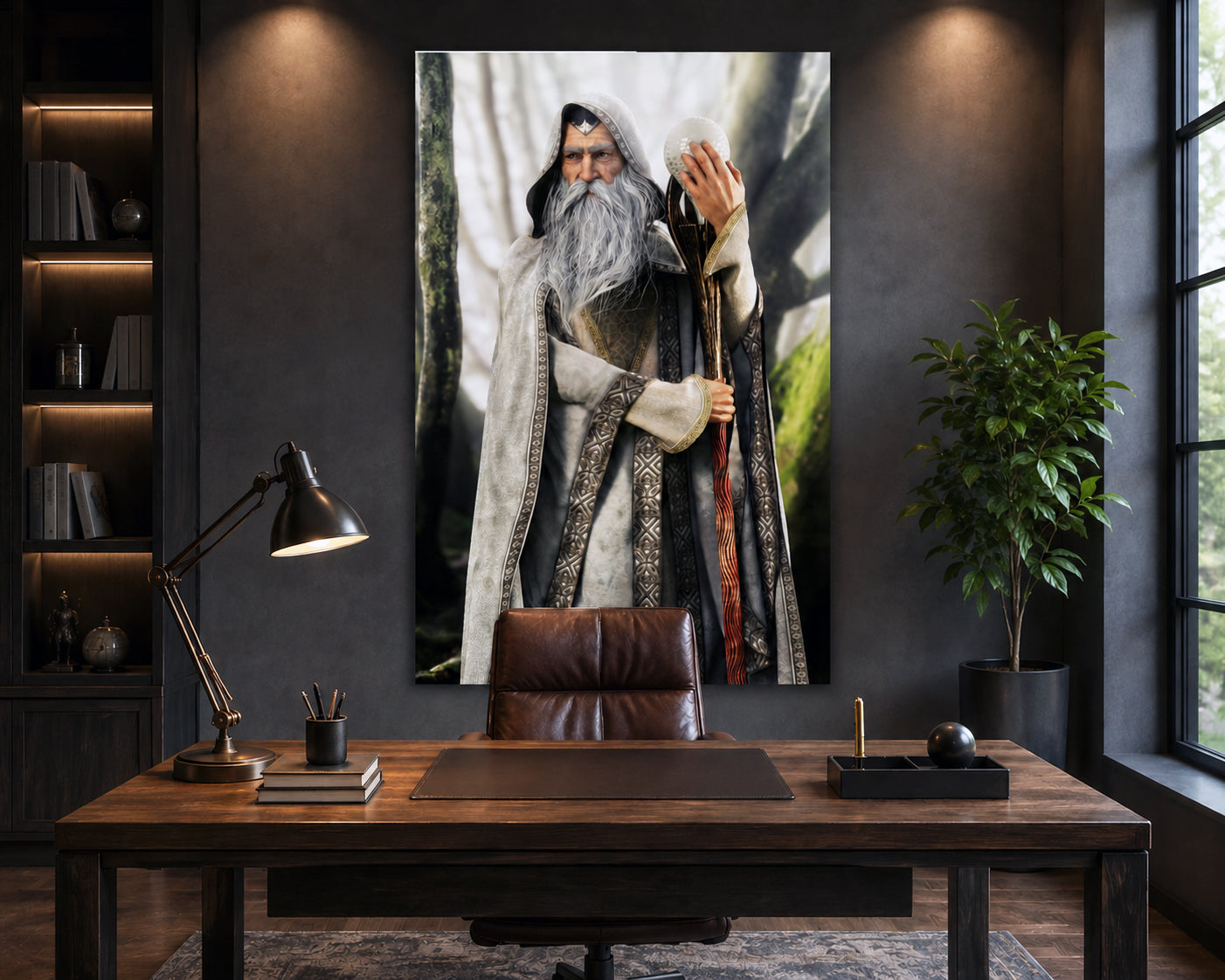Wise white wizard wall art featuring an ancient mage in ornate robes holding a crystal staff, bringing timeless fantasy, magic, and wonder to any space.