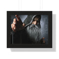 Fantasy wizard wall art featuring an ancient hooded sorcerer with a flowing silver beard, reaching forward as if casting a powerful spell from the shadows.