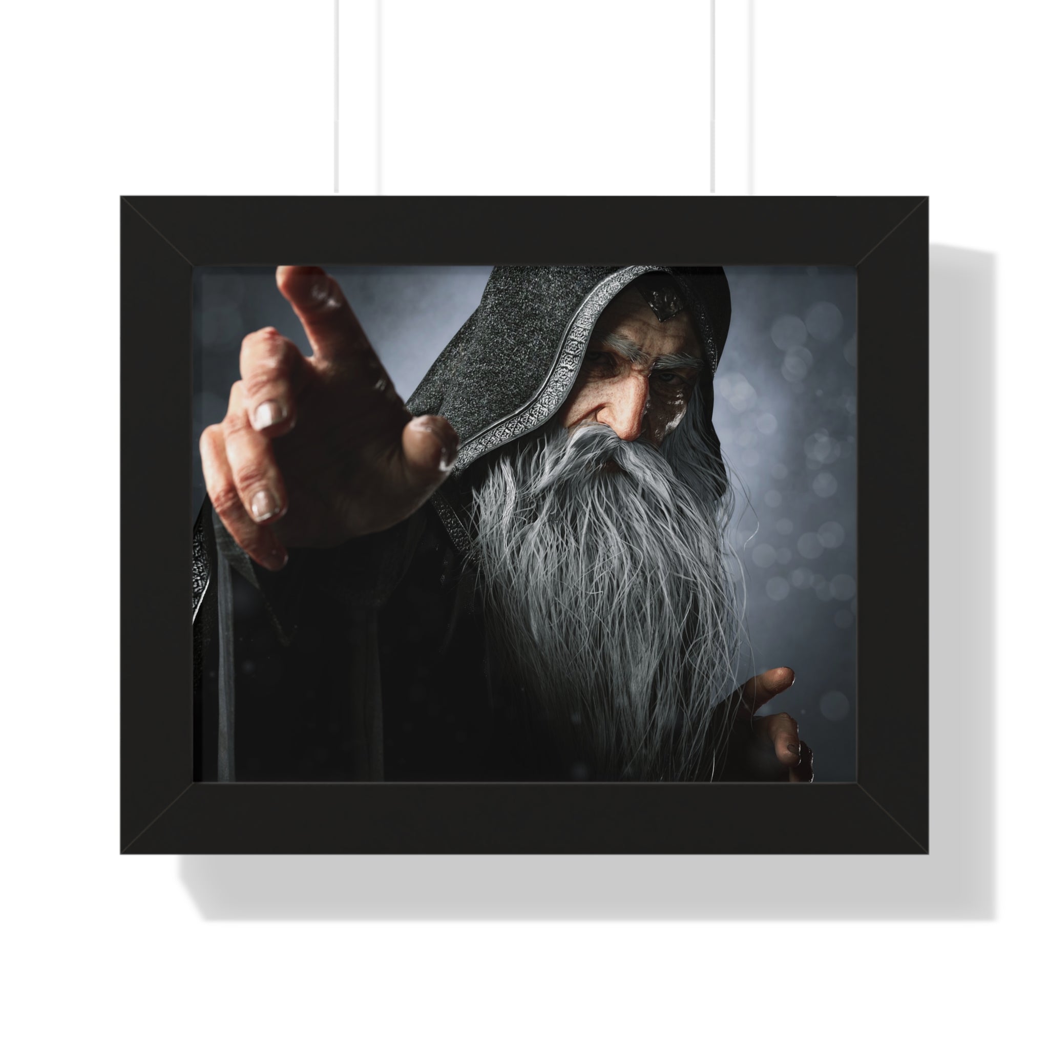 Fantasy wizard wall art featuring an ancient hooded sorcerer with a flowing silver beard, reaching forward as if casting a powerful spell from the shadows.