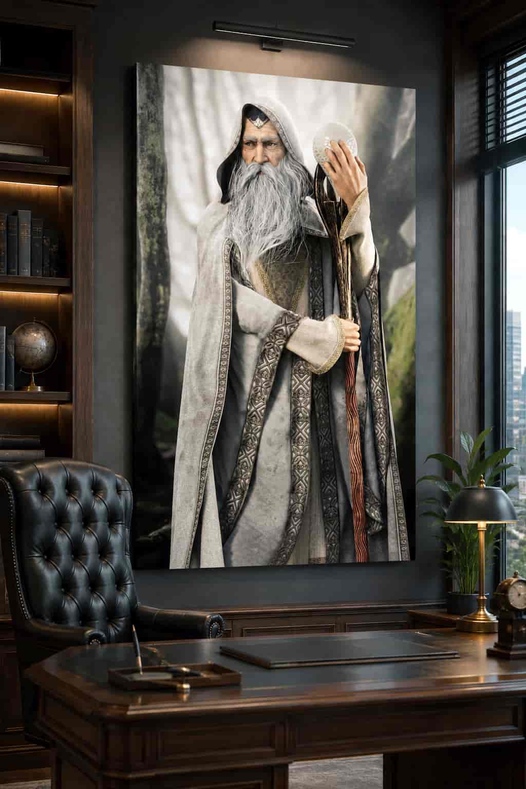 A large vertical canvas print of a fantasy wizard with a long white beard and staff, displayed on a dark wall in a modern office setting with a desk, chair, and window.