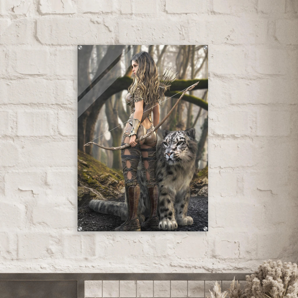 Handcrafted fantasy artwork of a woodland elven ranger holding an ornate longbow beside a majestic snow leopard in an enchanted forest.