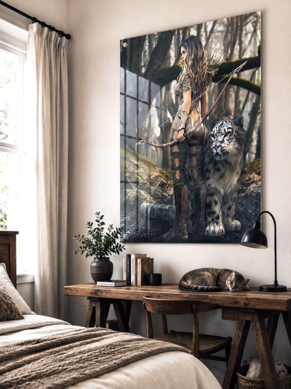 Handcrafted fantasy artwork of a woodland elven ranger holding an ornate longbow beside a majestic snow leopard in an enchanted forest.