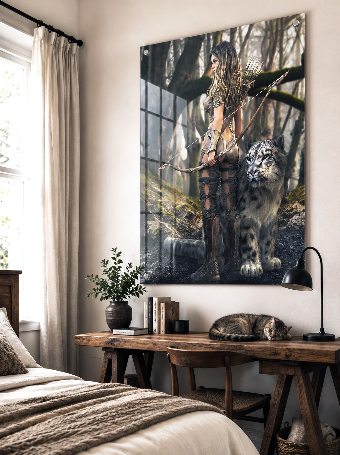 Handcrafted fantasy artwork of a woodland elven ranger holding an ornate longbow beside a majestic snow leopard in an enchanted forest.
