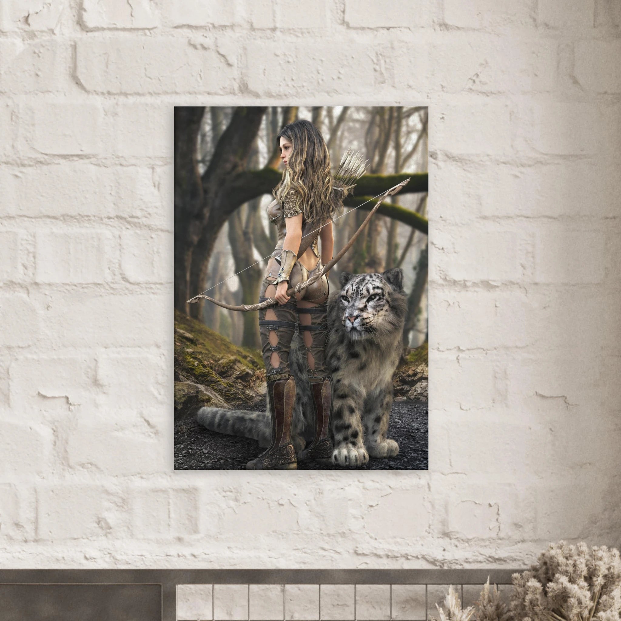 Handcrafted fantasy artwork of a woodland elven ranger holding an ornate longbow beside a majestic snow leopard in an enchanted forest.