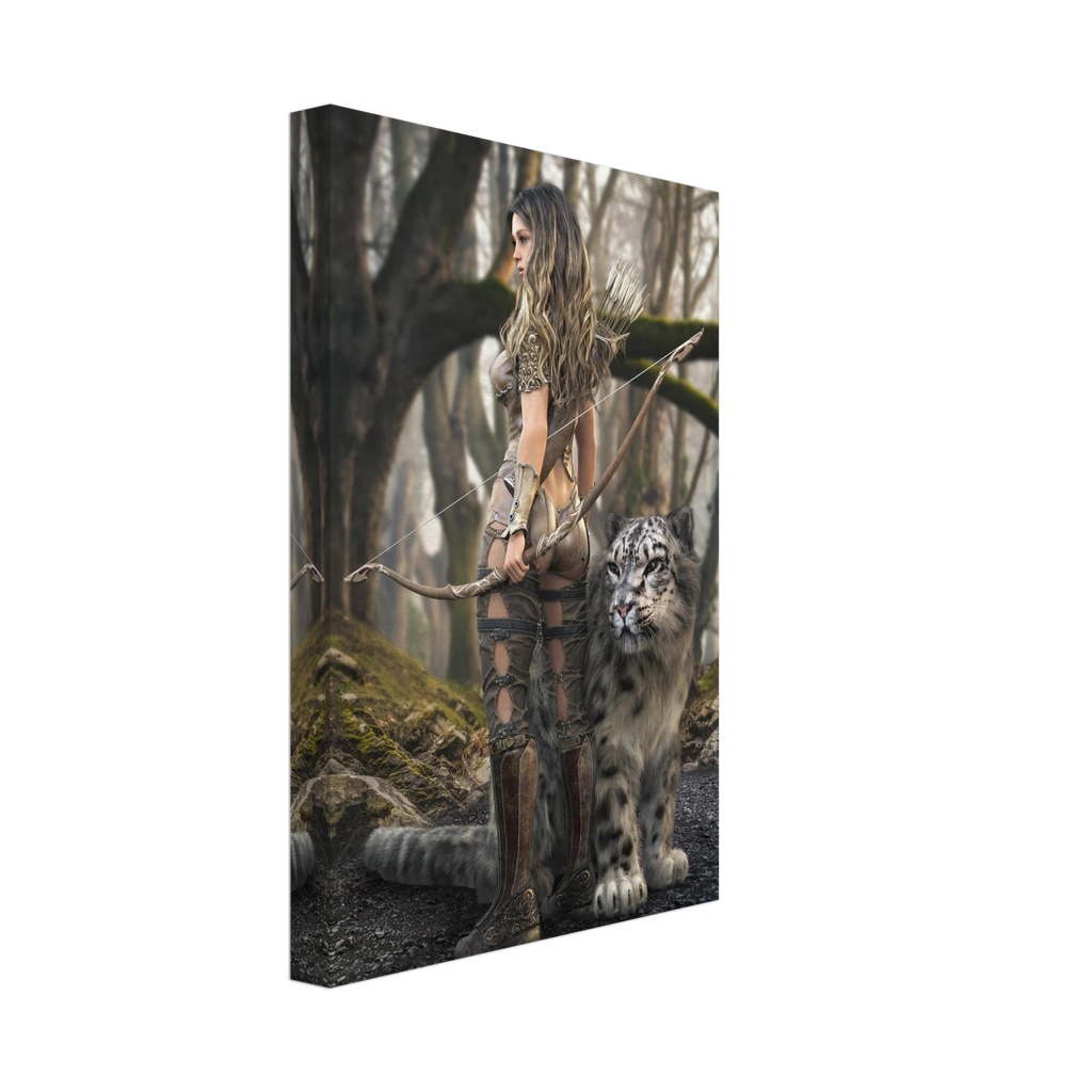 Handcrafted fantasy artwork of a woodland elven ranger holding an ornate longbow beside a majestic snow leopard in an enchanted forest.