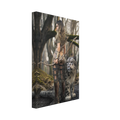 Handcrafted fantasy artwork of a woodland elven ranger holding an ornate longbow beside a majestic snow leopard in an enchanted forest.