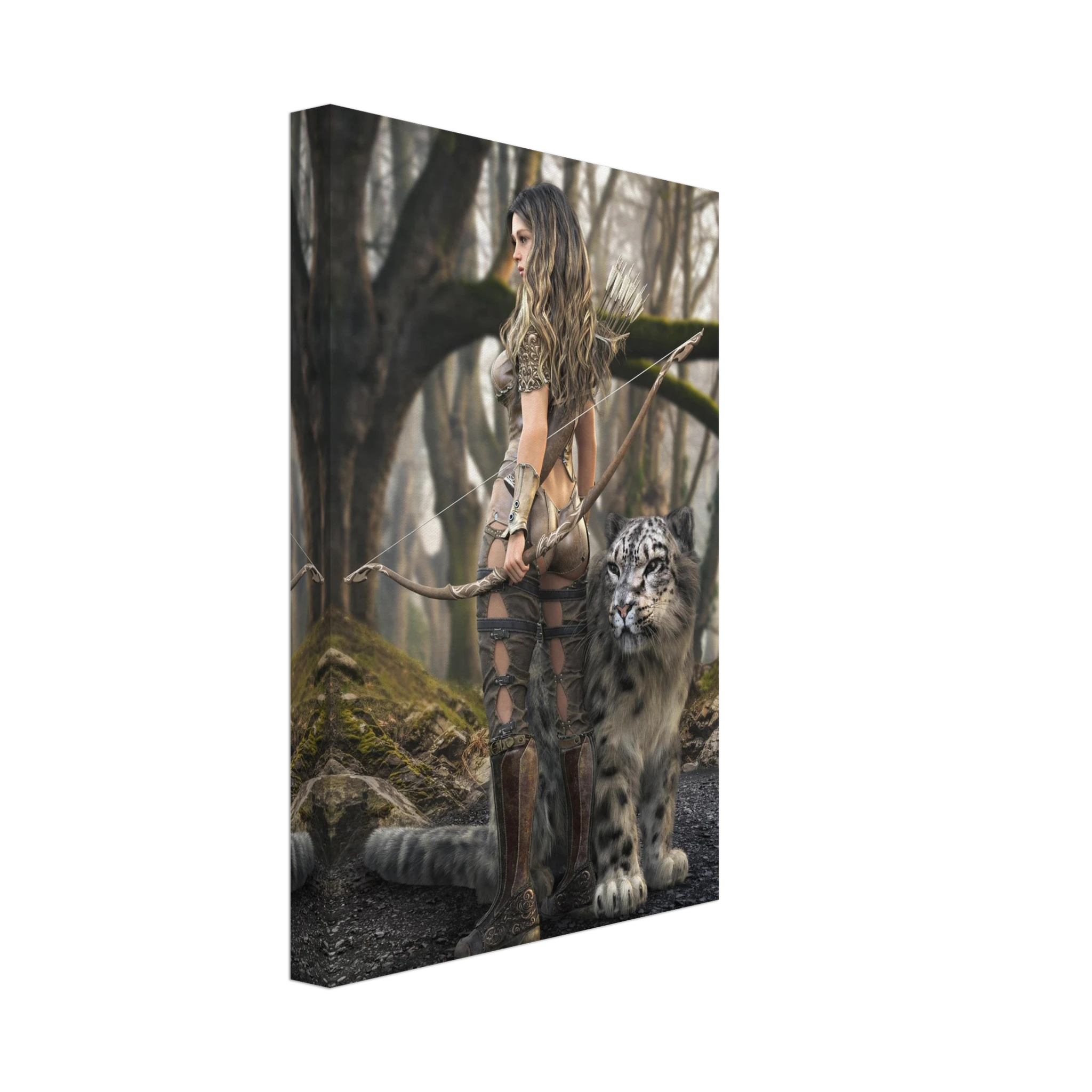 Handcrafted fantasy artwork of a woodland elven ranger holding an ornate longbow beside a majestic snow leopard in an enchanted forest.