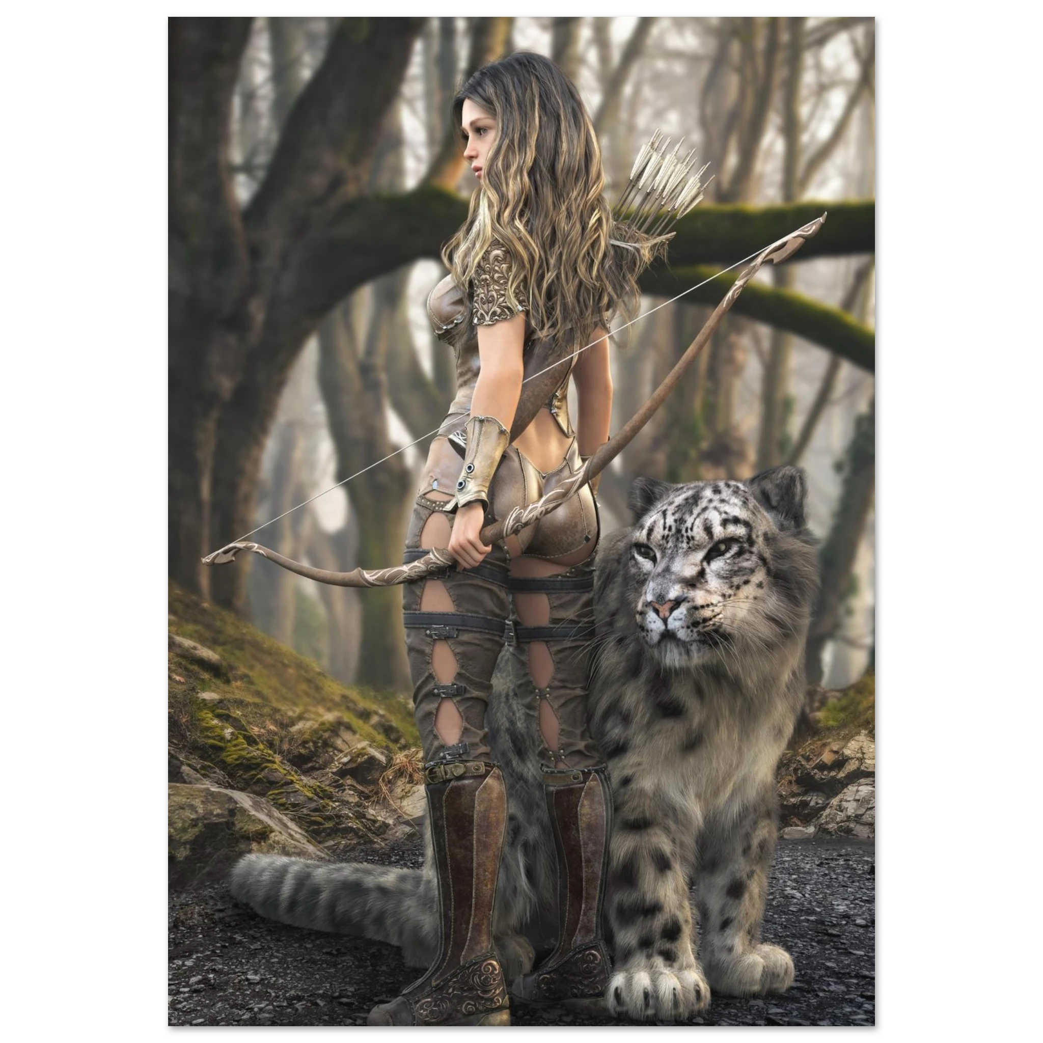 Handcrafted fantasy artwork of a woodland elven ranger holding an ornate longbow beside a majestic snow leopard in an enchanted forest.