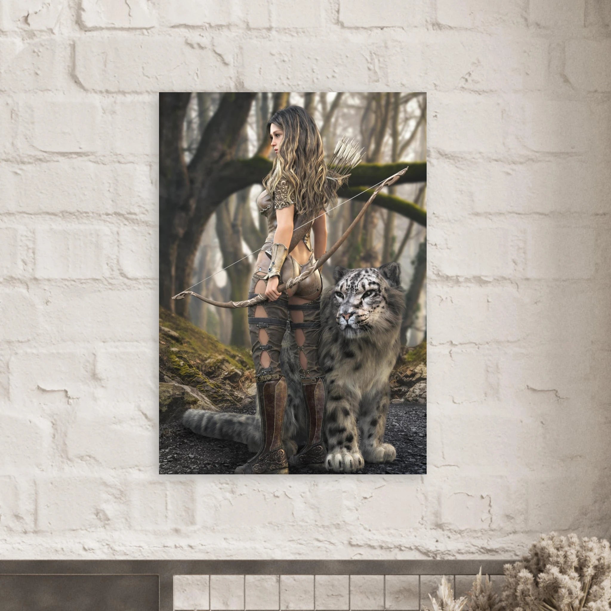 Handcrafted fantasy artwork of a woodland elven ranger holding an ornate longbow beside a majestic snow leopard in an enchanted forest.