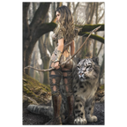Handcrafted fantasy artwork of a woodland elven ranger holding an ornate longbow beside a majestic snow leopard in an enchanted forest.