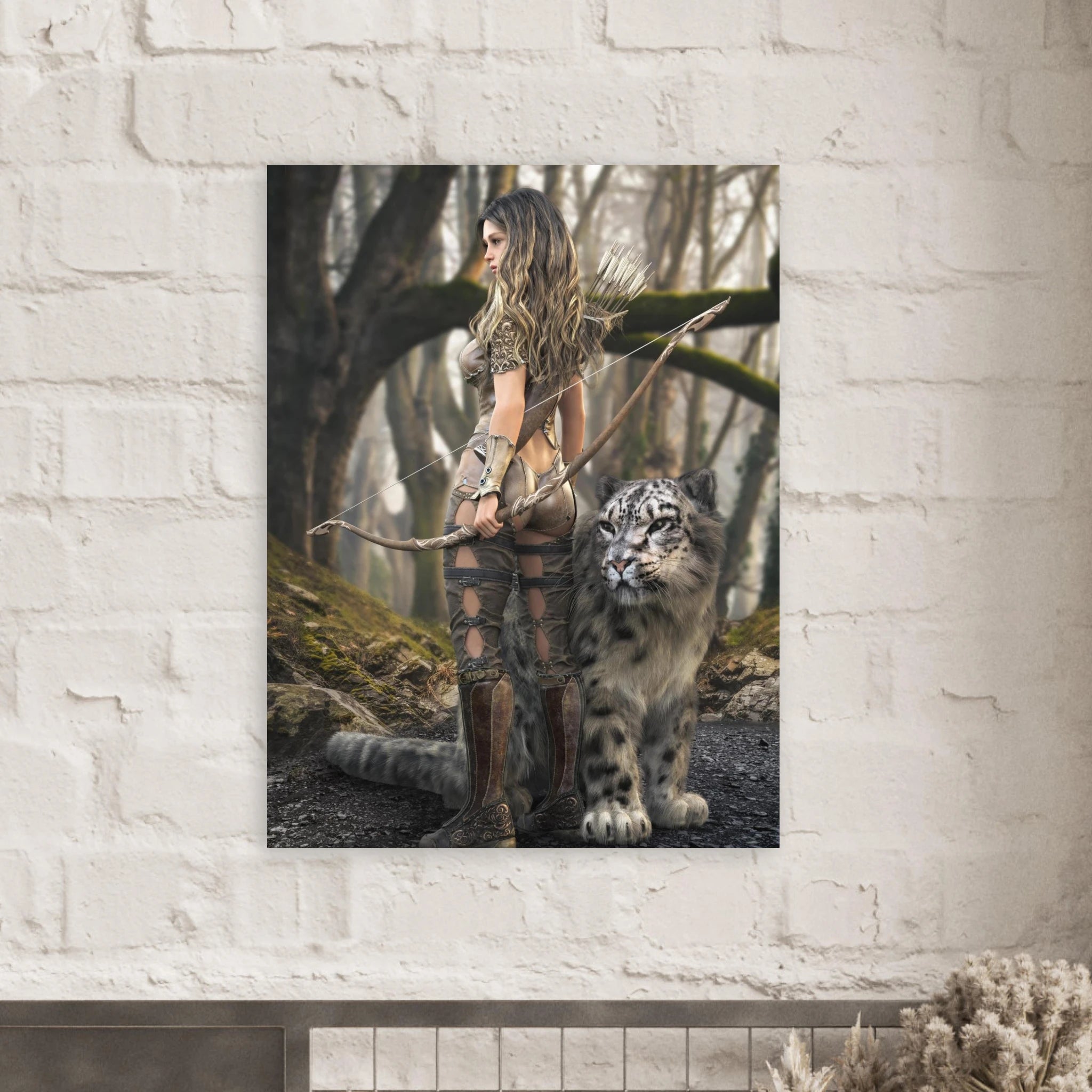 A vertical wall art print depicting a fantasy scene of a woman with a bow standing beside a spotted big cat in a misty forest, displayed on a white painted brick wall.