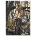 A vertical art print depicting a fantasy scene of a woman with a bow and arrow standing beside a large snow leopard in a misty forest.