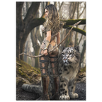A vertical art print depicting a fantasy scene of a woman with a bow and arrow standing beside a large snow leopard in a misty forest.