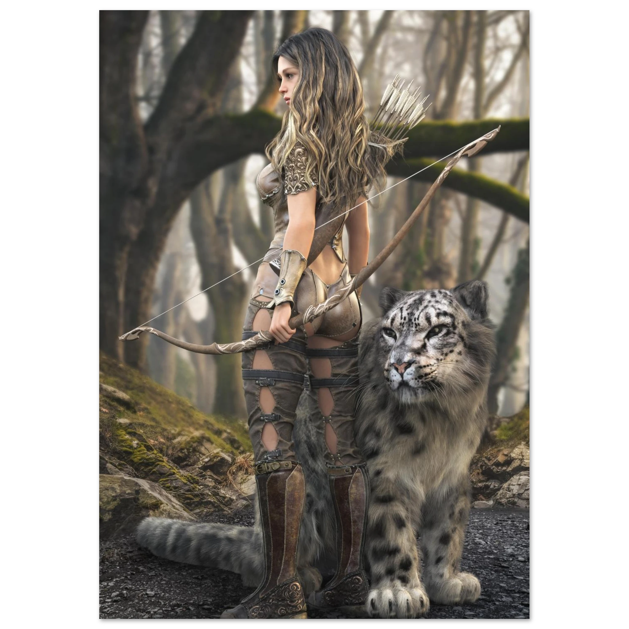 A fantasy-style poster or print showing a woman in a warrior outfit holding a bow beside a large snow leopard in a misty forest. The depicted scene itself appears to be the product, so this fits Scenery rather than Lifestyle.