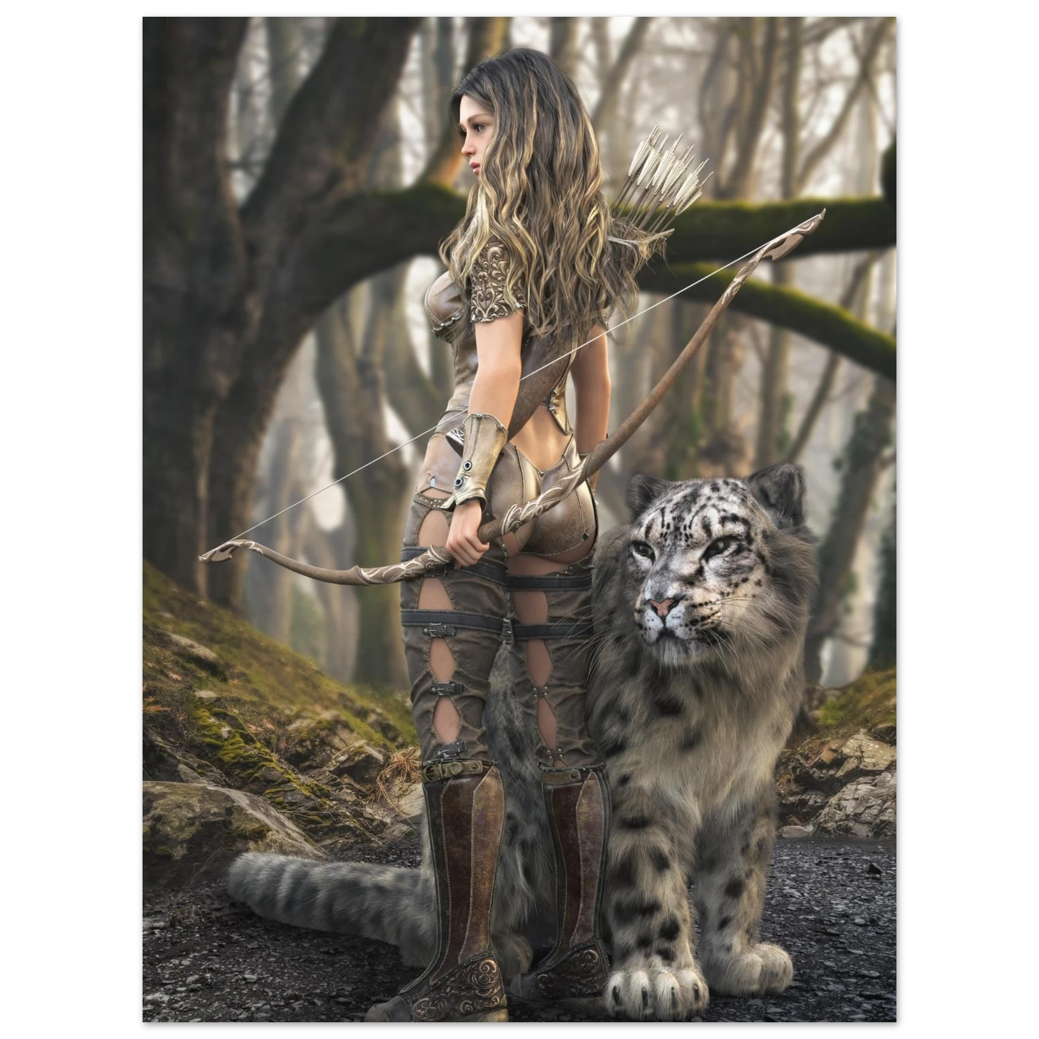Woodland Elven Ranger Wall Art | Fantasy Archer & Snow Leopard Companion Print Poster 1