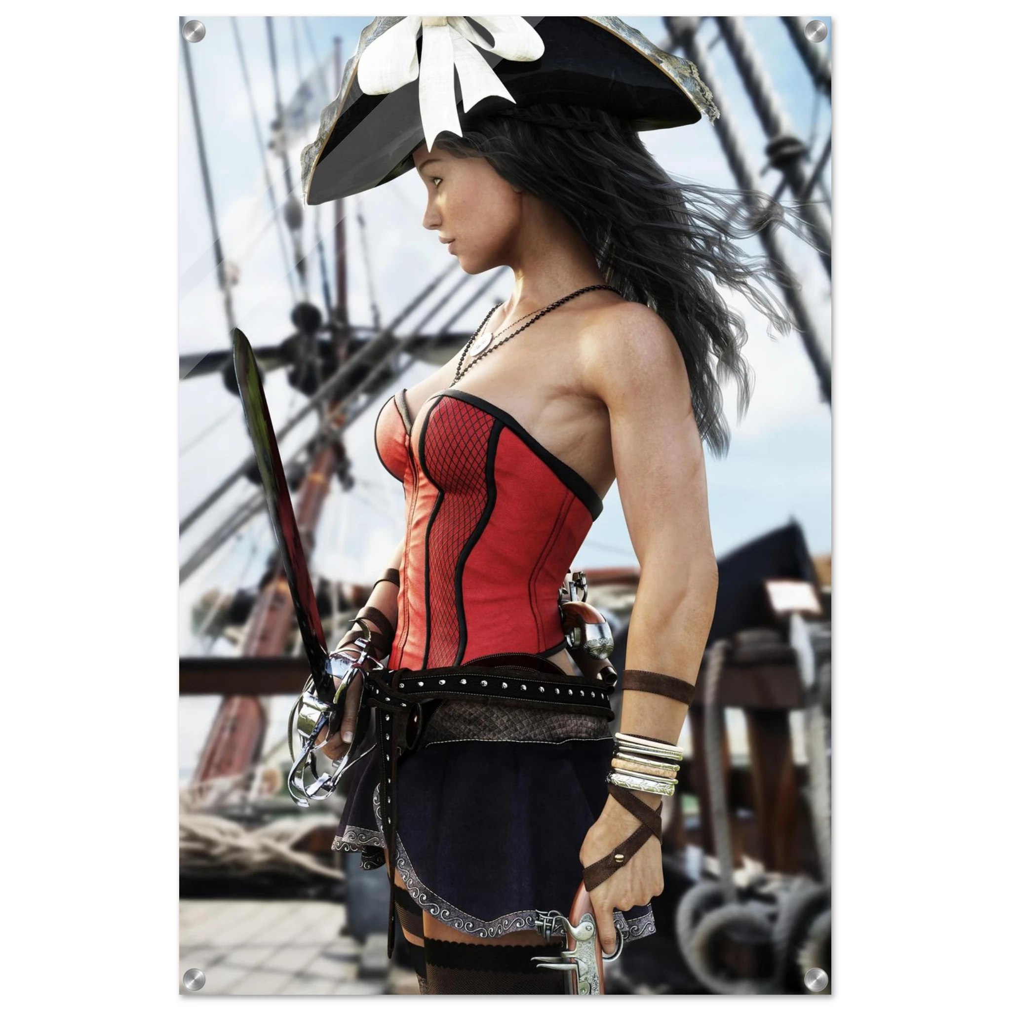 A woman in pirate attire stands on a ship deck, wearing a black hat with a white flower, a red and black corset-style top, a dark skirt, and holding a sword. The background shows ship rigging and sails.