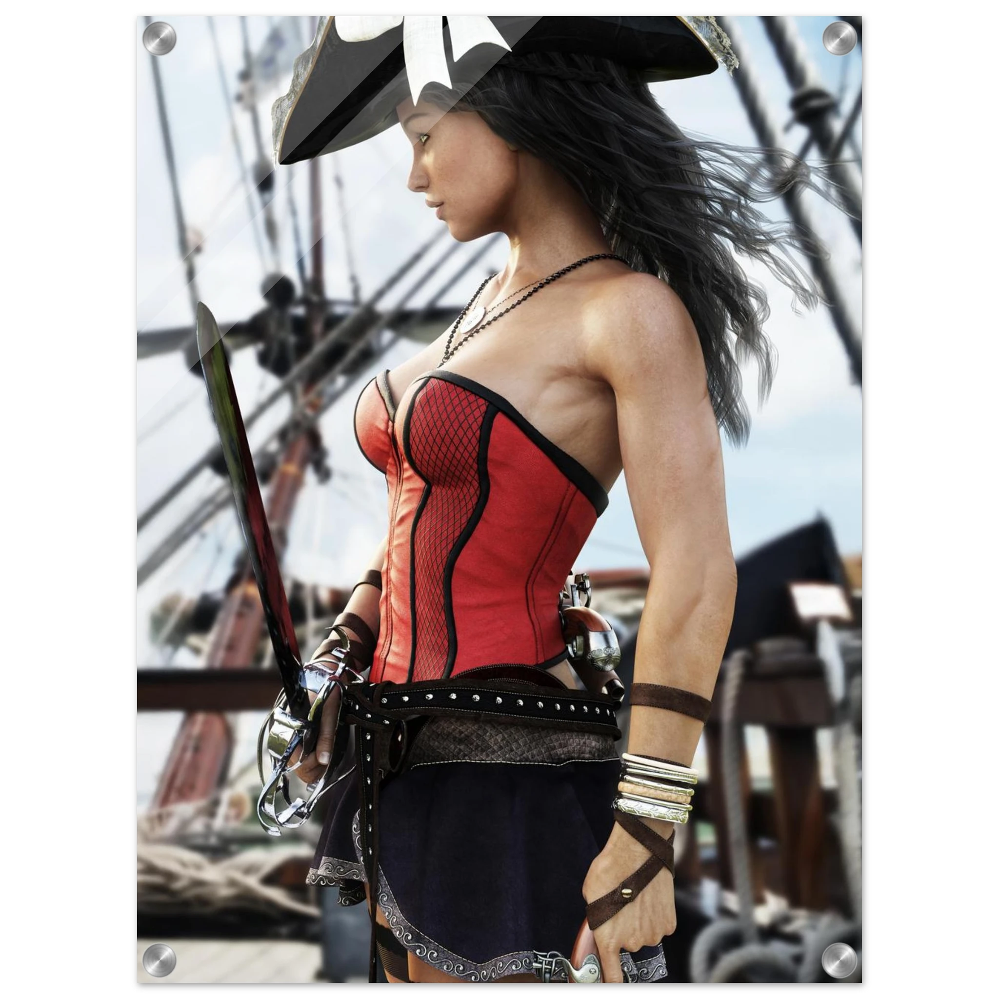 A woman dressed as a pirate stands on a ship deck wearing a red and black corset-style top, dark skirt, silver bracelets, and a black hat, with a sword at her side.