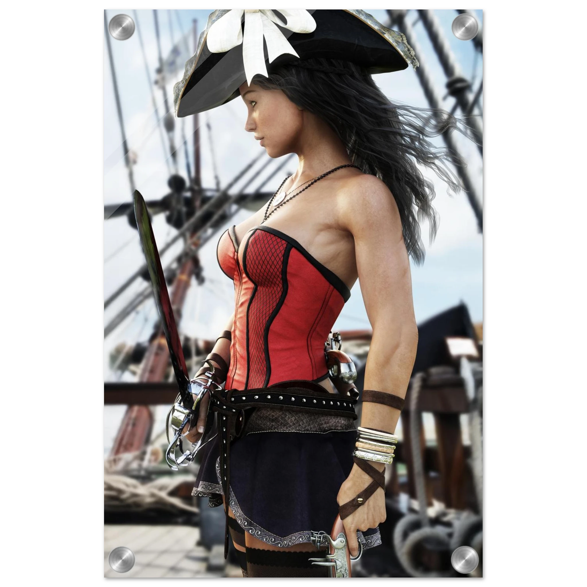 A vertical wall art print showing a pirate woman in profile wearing a red and black corset, black hat with a white flower, and a dark skirt, set against a ship rigging background. The print has rounded corners with visible mounting holes, indicating it is a physical product photo.