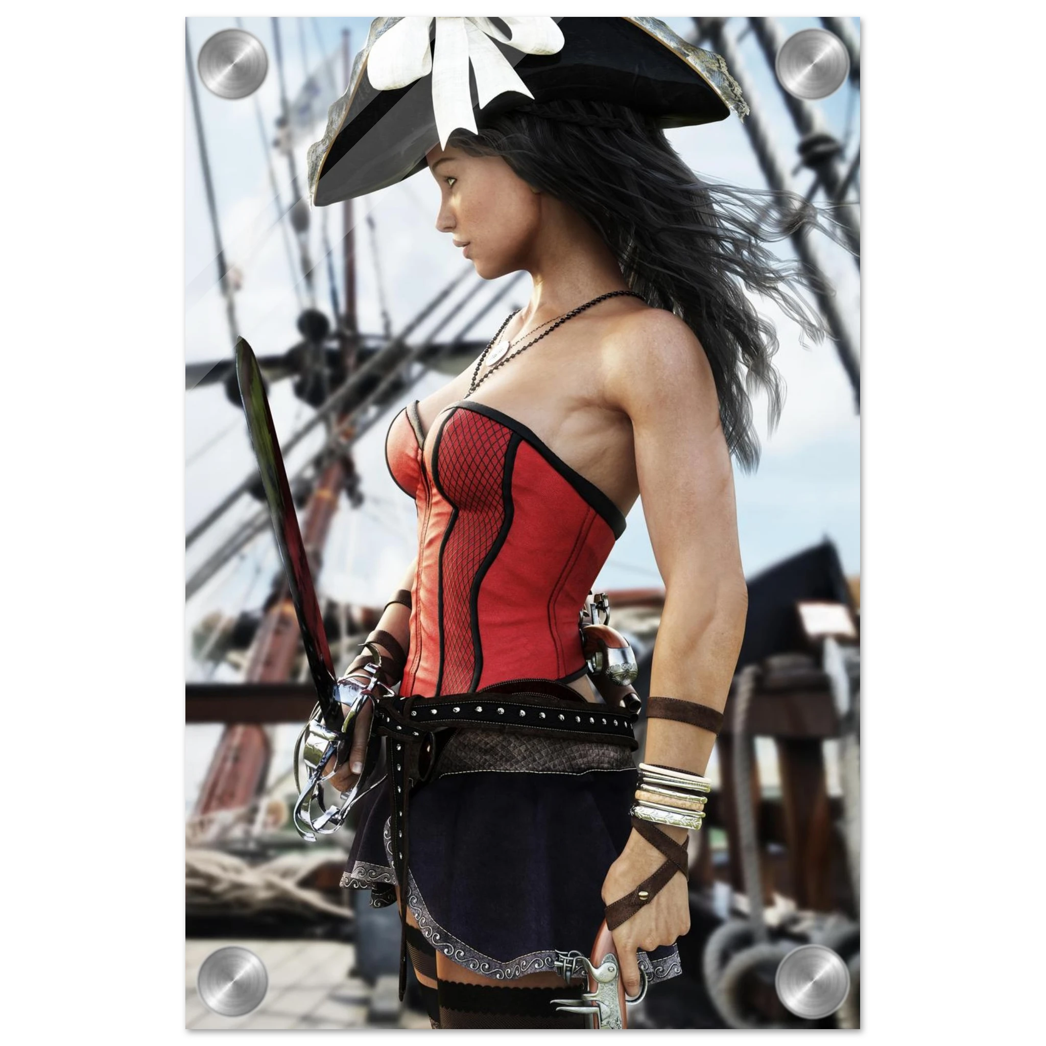 A pirate-themed fashion print featuring a woman in a red and black corset top, dark skirt, and black hat with a white feather, set against a background of a sailing ship.