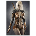 Handcrafted Dark Elf Warrior wall art featuring a white-haired female elven swordswoman in detailed leather armor with a longsword across her back. Fantasy artwork perfect for gaming rooms, RPG fans, and medieval fantasy décor.