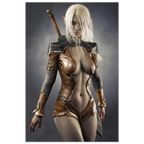 Handcrafted Dark Elf Warrior wall art featuring a white-haired female elven swordswoman in detailed leather armor with a longsword across her back. Fantasy artwork perfect for gaming rooms, RPG fans, and medieval fantasy décor.