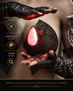 Dark elf sorceress fantasy art poster featuring a white-haired mage holding a glowing red crystal.