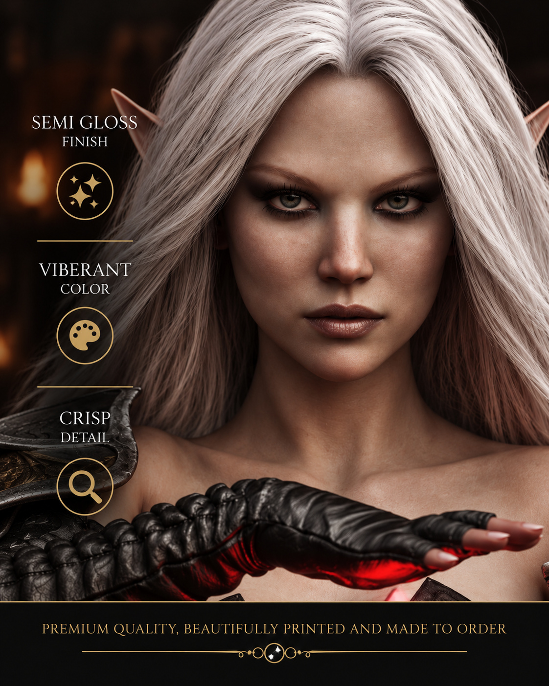 Dark elf sorceress fantasy wall art detail featuring a white-haired mage holding a glowing red crystal.