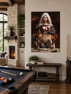 Dark elf sorceress fantasy poster displayed as wall art in a modern game room by Digital Storm Cinema.
