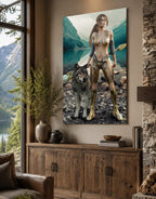 Druid and wolf fantasy wall art poster displayed in a rustic mountain home, original artwork by Digital Storm Cinema.