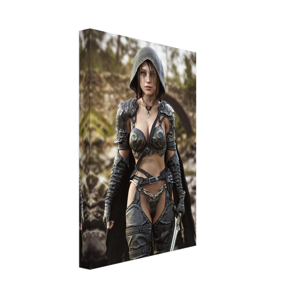 A handcrafted fantasy illustration featuring a determined female ranger walking through a rocky forest stream beneath a weathered stone bridge. She wears a hooded black cloak over intricately engraved silver armor with medieval-inspired detailing and carries an elegant sword at her side. Soft natural light illuminates her realistic facial features while the woodland landscape and flowing stream create an immersive atmosphere of exploration and adventure. Inspired by classic fantasy novels, tabletop role-pla